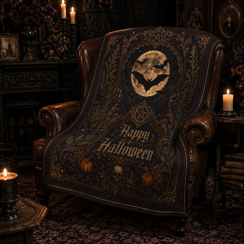 Victorian gothic Halloween velveteen blanket with full moon bats pumpkins skull and ornate botanical design living room. blanket is laying across a leather chair.