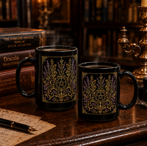 Black Lavender Pentacle Mug, Gothic Botanical Ceramic Coffee Mug