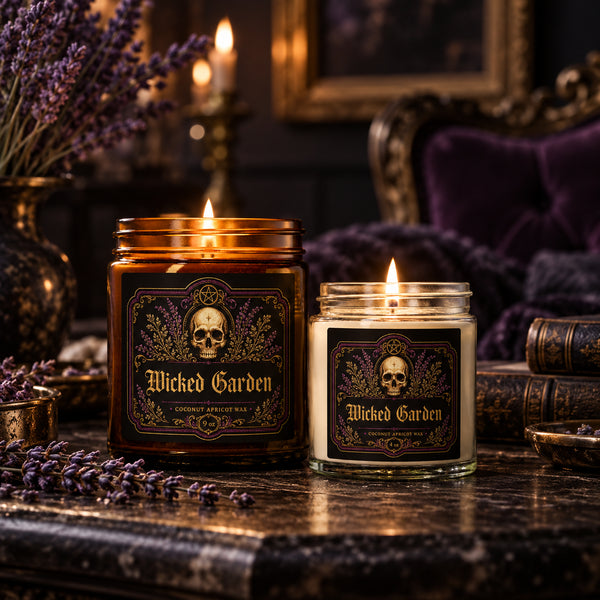Two lit candles in amber and white glass jars with matching black labels featuring a skull and the words 'Wicked Garden' and 'Coconut Apricot Wax,' set on a dark table with purple flowers, books, and a purple chair in the background.