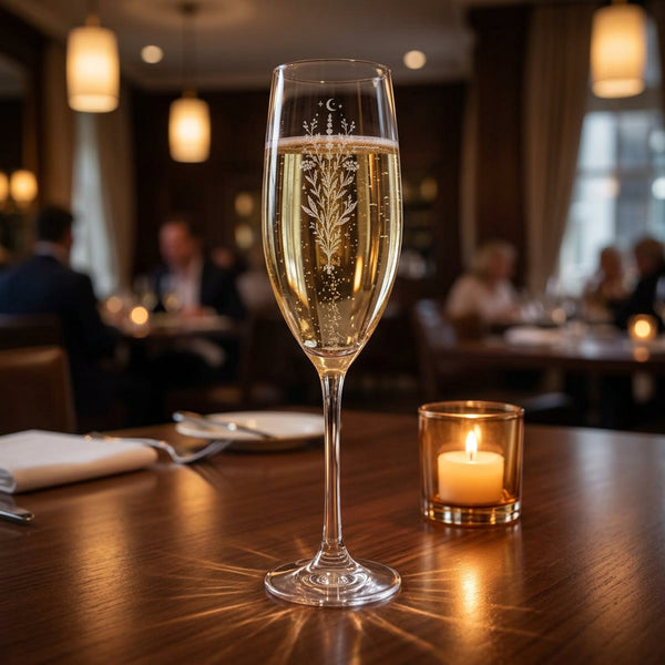 Etched botanical champagne flute with delicate floral and moon design filled with sparkling wine.