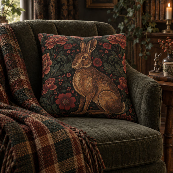 A decorative throw pillow featuring a detailed illustration of a brown hare surrounded by red and pink flowers on a dark background, styled on an olive green armchair with a plaid blanket in a cozy room setting.