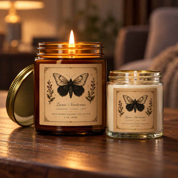 Two amber glass jar candles on a wooden table in a softly lit room. The larger candle is lit with a visible flame, and a gold lid rests beside it. the label features a butterfly on it.