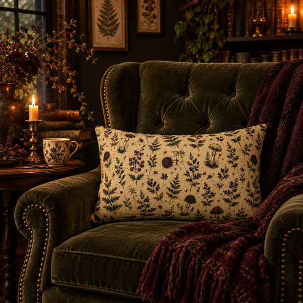A rectangular throw pillow with a dark botanical mushroom print on a cream background, styled on an olive green velvet armchair in a cozy, dimly lit room with a candle and a burgundy throw blanket.