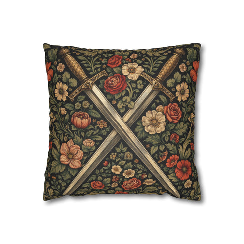 Crossed Medieval Swords Faux Suede Cushion | Gothic Floral Pillow