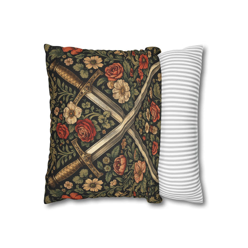 Crossed Medieval Swords Faux Suede Cushion | Gothic Floral Pillow
