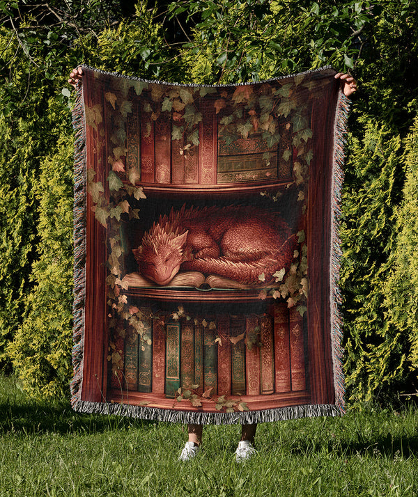 Sleeping Dragon Woven Blanket Cotton Jacquard Tapestry, Fantasy Home Decor, Cozy Reading Nook Book Lover Gift