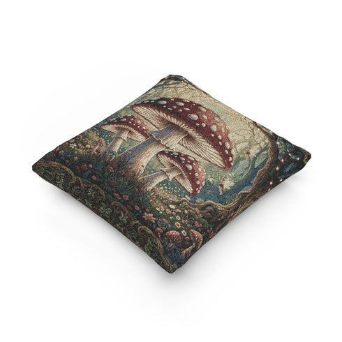 Enchanted Mushroom Woven Pillow | Vintage Toadstool Cottagecore Cushion