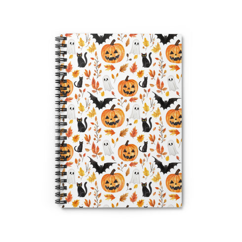 Halloween Pumpkins & Ghosts Spiral Notebook | Autumn Black Cat Journal