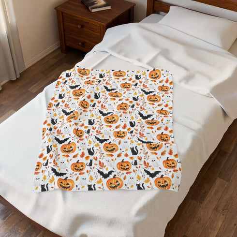 Halloween Velveteen Plush Blanket | Pumpkin, Bat & Ghost Throw