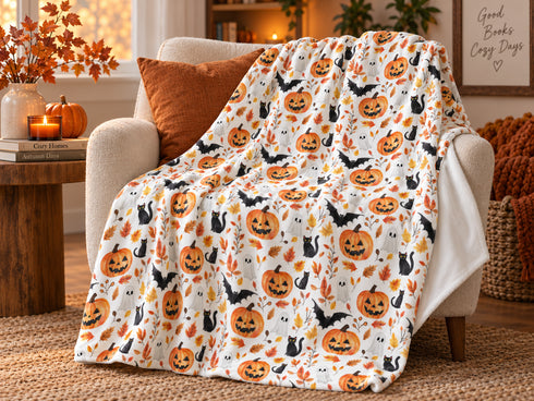 Halloween Velveteen Plush Blanket | Pumpkin, Bat & Ghost Throw