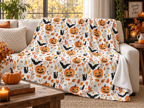 Halloween Velveteen Plush Blanket | Pumpkin, Bat & Ghost Throw