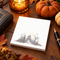 Haunted house Halloween sticky note pad with pumpkins and moonlit trees styled on a cozy autumn desk with candles and pumpkins