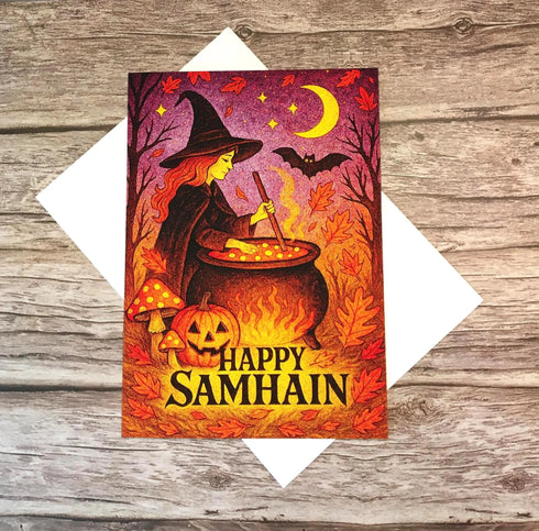 Happy Samhain Halloween Witch Greeting Card | Pagan Autumn Folklore