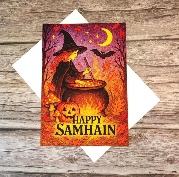 Happy Samhain Halloween Witch Greeting Card | Pagan Autumn Folklore
