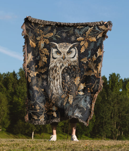Woodland Owl & Holly Woven Cotton Throw Blanket – Christmas Jacquard Forest Tapestry