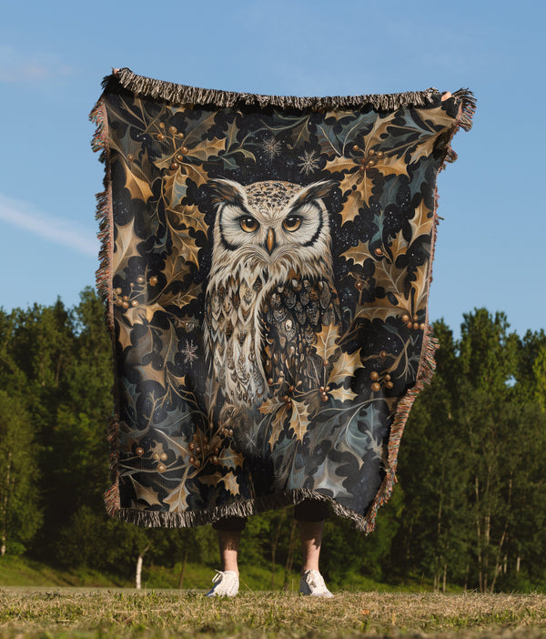 Woodland Owl & Holly Woven Cotton Throw Blanket – Christmas Jacquard Forest Tapestry