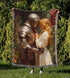 Knight and maiden woven cotton blanket with medieval romantic artwork and colourful fringed edges held outdoors