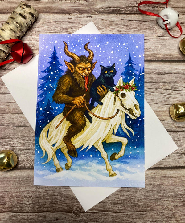 Krampus Riding the Mari Lwyd Christmas Card | Gothic Folklore