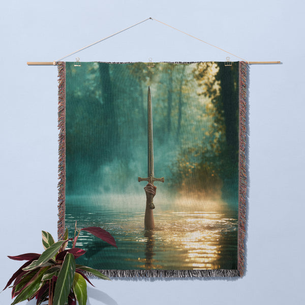 Excalibur Woven Blanket | Lady of the Lake Jacquard Throw, Fantasy Medieval Tapestry, Mythical Medieval Knight Decor Gift