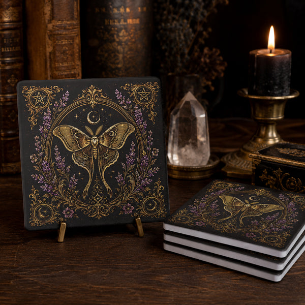A stack of soapstone absorbent coasters with an ornate gold and purple moth design, displayed on a dark wooden table with a lit candle, crystal, and antique books in the background.