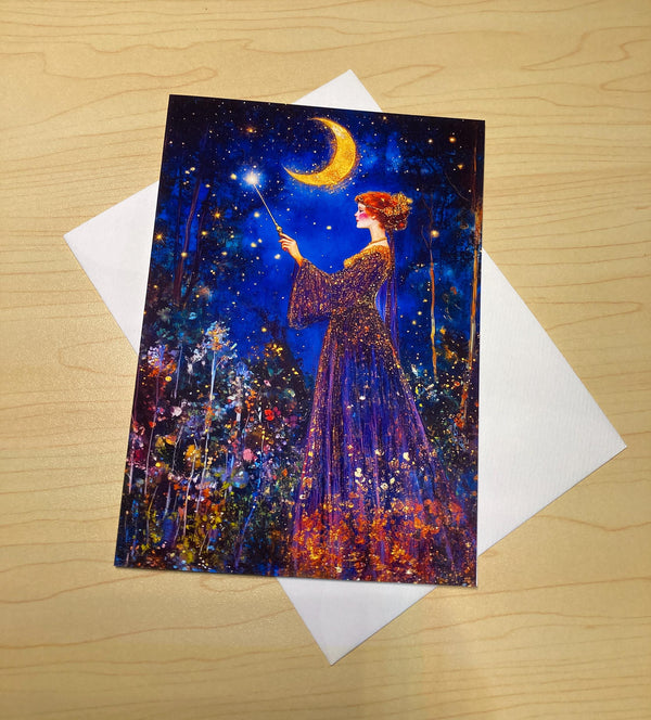 Moon Witch Crescent Moon Goddess Greeting Card | Pagan Celestial Art