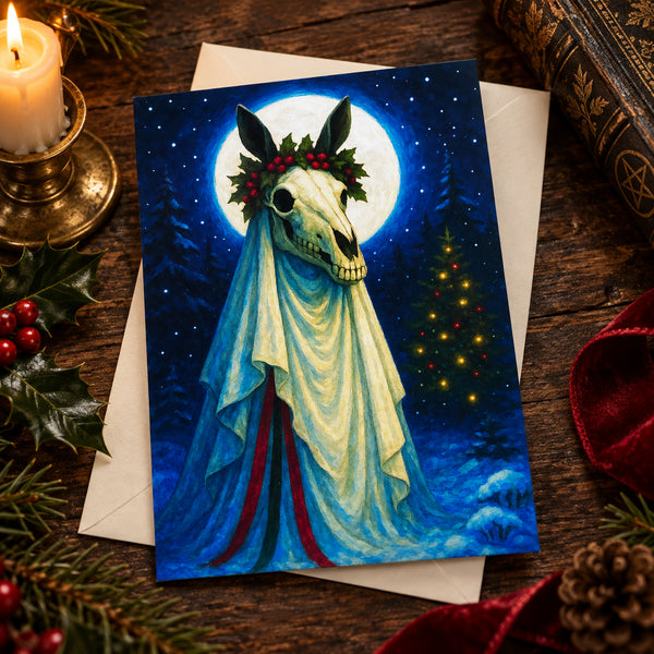 Mari Lwyd Christmas card featuring a moonlit horse skull decorated with a holly wreath in an atmospheric Welsh folklore winter scene