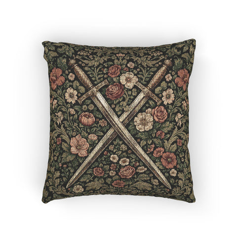 Medieval Crossed Swords Woven Cushion | Gothic Floral Tapestry Pillow