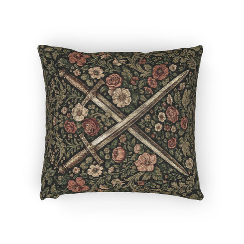 Medieval Crossed Swords Woven Cushion | Gothic Floral Tapestry Pillow
