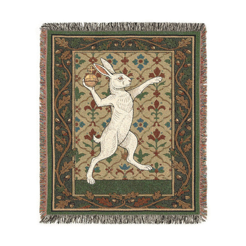 Medieval Hare Woven Blanket | Illuminated Manuscript Rabbit Cotton Throw