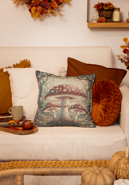Enchanted Mushroom Woven Pillow | Vintage Toadstool Cottagecore Cushion