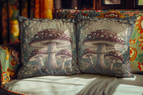 Enchanted Mushroom Woven Pillow | Vintage Toadstool Cottagecore Cushion