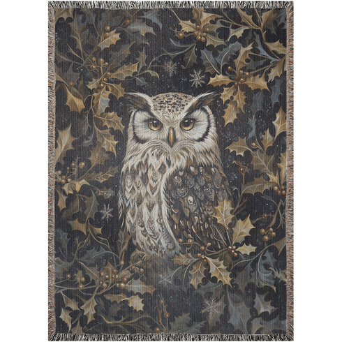 Woodland Owl & Holly Woven Cotton Throw Blanket – Christmas Jacquard Forest Tapestry