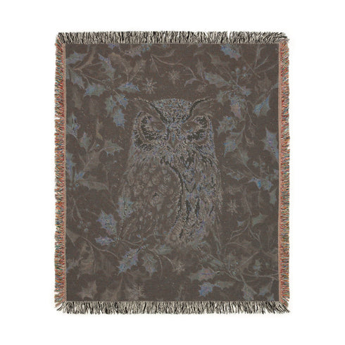 Woodland Owl & Holly Woven Cotton Throw Blanket – Christmas Jacquard Forest Tapestry