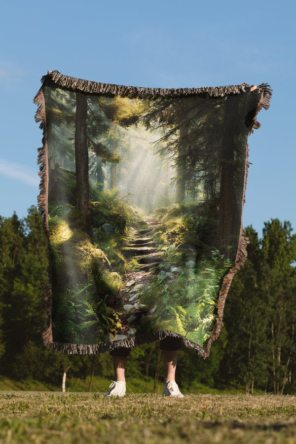 Enchanted Forest Path Woven Cotton Jacquard Blanket Tapestry Throw