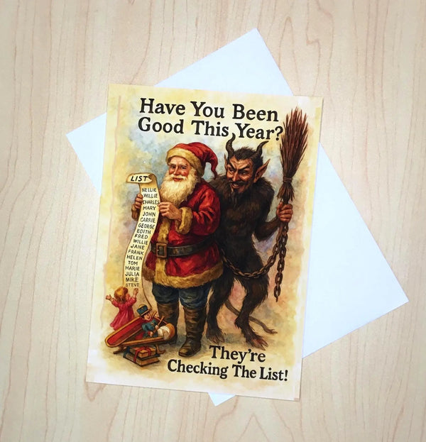 Vintage Krampus and Santa Christmas Card | Gothic Folklore Greeting