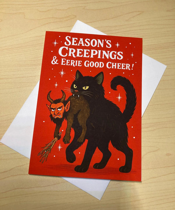 Season's Creepings Icelandic Black Yule Cat Christmas Card | Yule Folklore