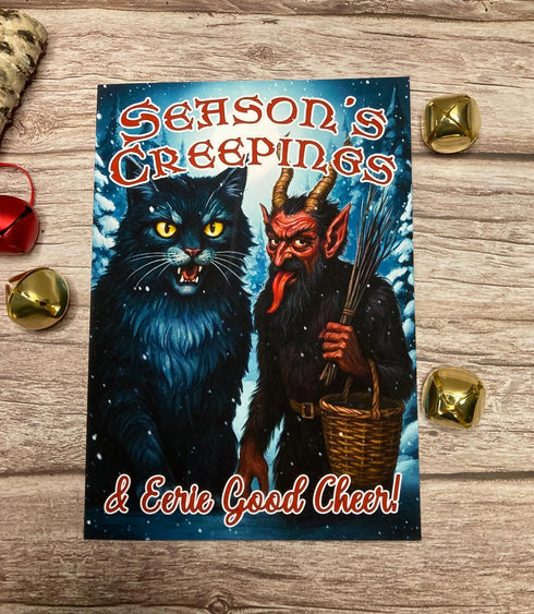 Season's Creepings & Eerie Good Cheer | Yule Cat & Krampus Christmas Card