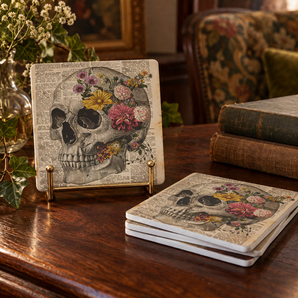 Skull & Floral Ephemera Soapstone Coasters | Gothic Set of 4