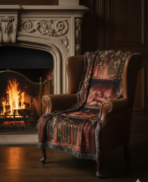 Sleeping dragon woven blanket styled in a fantasy reading room