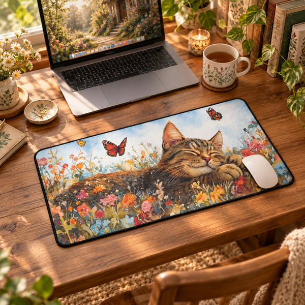 Sleeping Kitten Wildflower Desk Mat | Cottagecore Cat Mouse Pad