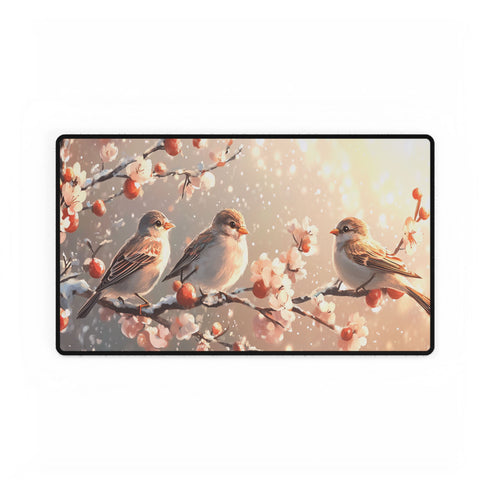 Decorative desk mat with songbirds on a cherry blossom tree branch design