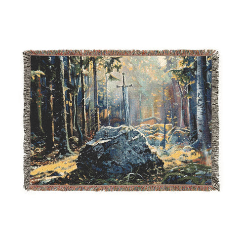 Sword in the Stone Woven Blanket | Arthurian Forest Cotton Throw
