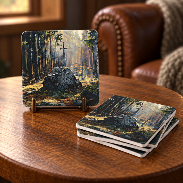 Sword in the Stone Soapstone Coasters | Medieval Woodland Set of 4