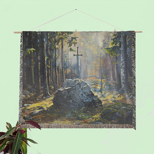 Sword in the Stone Woven Blanket | Arthurian Forest Cotton Throw