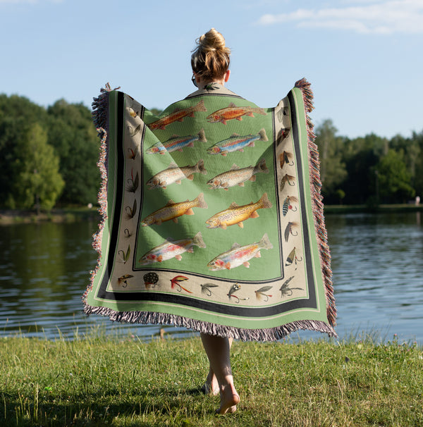 Trout Fly Fishing Woven Cotton Throw Blanket – Rustic Cabin & Lake House Decor