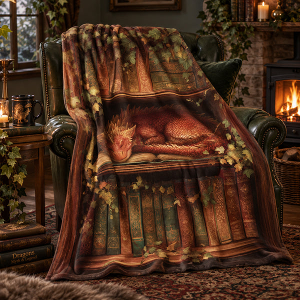 A cozy green armchair in a warmly lit living room is draped with a printed blanket featuring a sleeping red dragon resting on an open book among vintage book spines and autumn leaves.