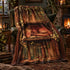 A cozy green armchair in a warmly lit living room is draped with a printed blanket featuring a sleeping red dragon resting on an open book among vintage book spines and autumn leaves.