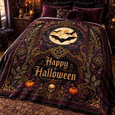 Victorian gothic Halloween velveteen blanket with full moon bats pumpkins skull and ornate botanical design