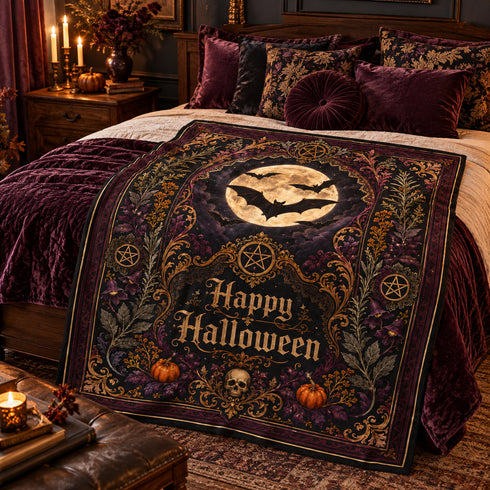 Victorian Halloween Velveteen Blanket | Gothic Moon & Bats Throw