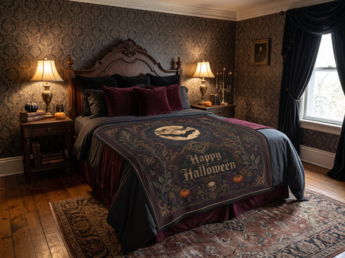 Victorian Halloween Velveteen Blanket | Gothic Moon & Bats Throw